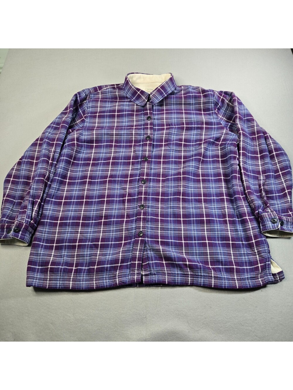 LL Bean Flannel Shirt Jacket Womens Plus 1X Purple Plaid Fleece Lined Button Up